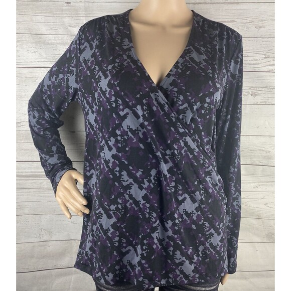 Merona Blouse Gray Purple Black Abstract Print Faux Wrap - Picture 1 of 12
